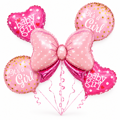 Pink Bow It’s a Girl Balloon Bouquet Set – 5 Pcs | Cute Pink Foil Balloons for Baby Shower, Welcome Baby Girl & Newborn Room Decoration