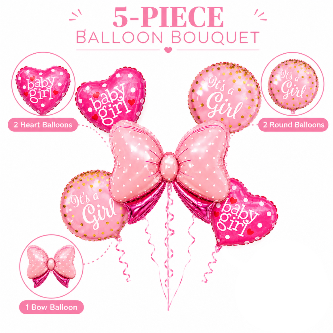 Pink Bow It’s a Girl Balloon Bouquet Set – 5 Pcs | Cute Pink Foil Balloons for Baby Shower, Welcome Baby Girl & Newborn Room Decoration