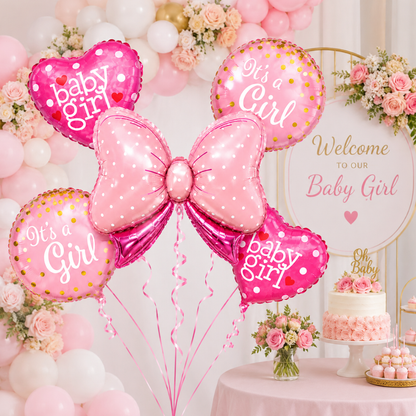 Pink Bow It’s a Girl Balloon Bouquet Set – 5 Pcs | Cute Pink Foil Balloons for Baby Shower, Welcome Baby Girl & Newborn Room Decoration