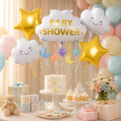 Baby Shower Cloud Balloon Bouquet Set – 5 Pcs | Cute Cloud & Gold Star Foil Balloons for Baby Shower, Welcome Baby Party & Newborn Room Decoration