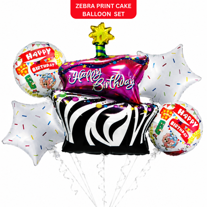 Zebra Print Happy Birthday Cake Balloon Bouquet Set – 5 Pcs | Fun Cake, Star & Round Foil Balloons for Birthday Party Decoration