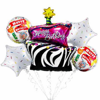Zebra Print Happy Birthday Cake Balloon Bouquet Set – 5 Pcs | Fun Cake, Star & Round Foil Balloons for Birthday Party Decoration