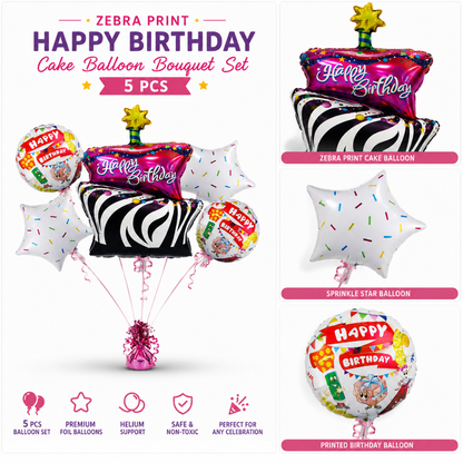 Zebra Print Happy Birthday Cake Balloon Bouquet Set – 5 Pcs | Fun Cake, Star & Round Foil Balloons for Birthday Party Decoration