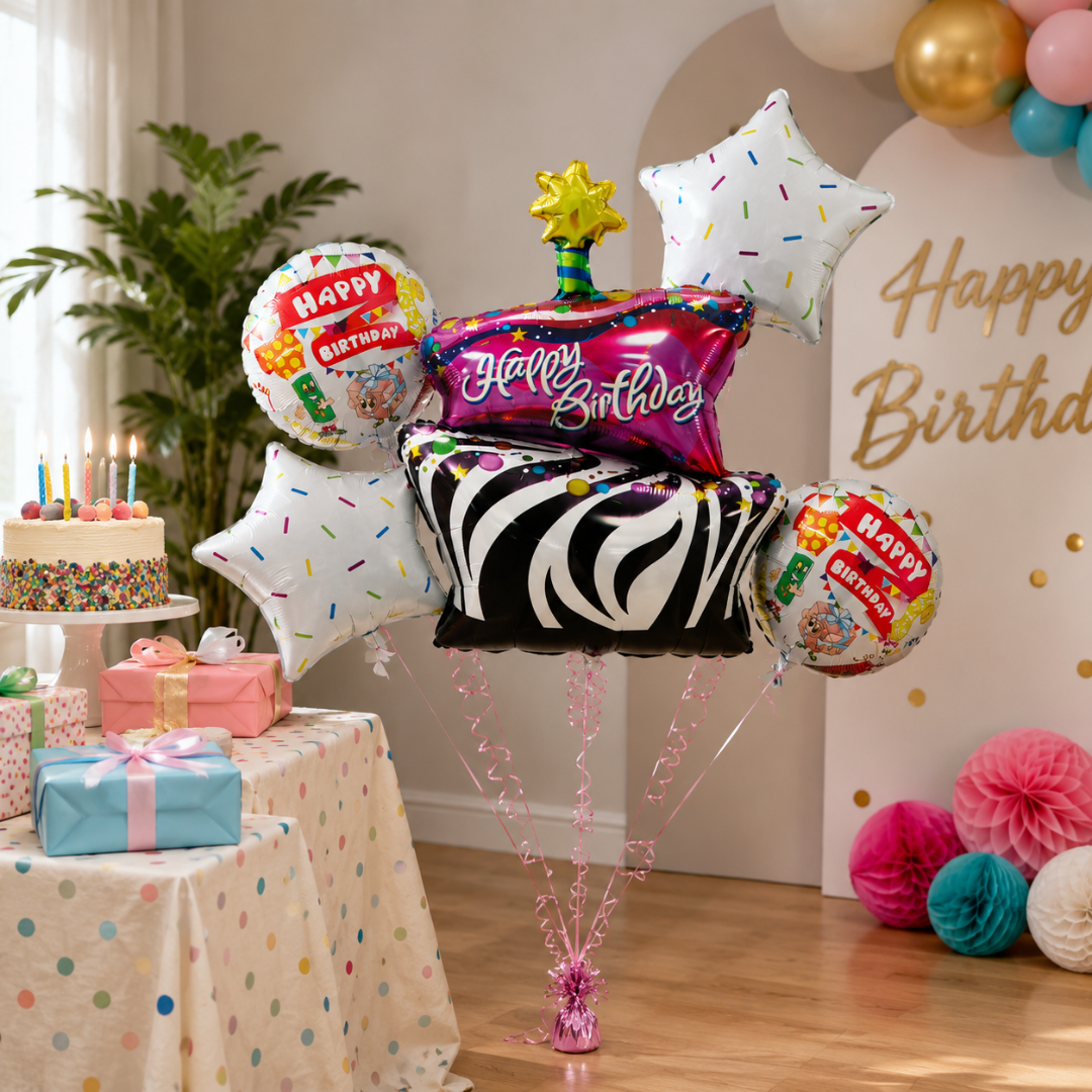 Zebra Print Happy Birthday Cake Balloon Bouquet Set – 5 Pcs | Fun Cake, Star & Round Foil Balloons for Birthday Party Decoration