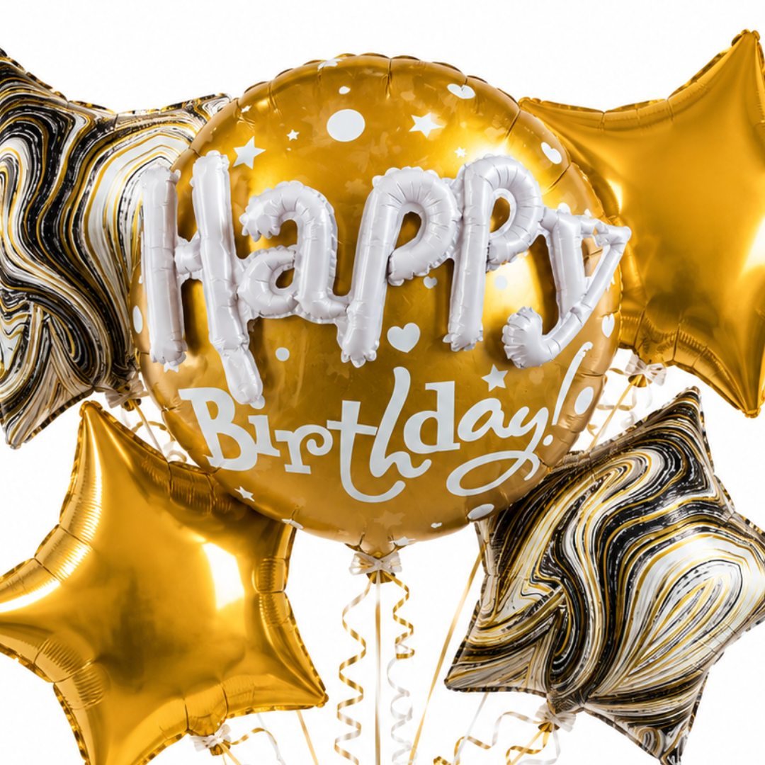 Happy Birthday 3D Golden Balloon Bouquet Set – 5 Pcs | Premium Gold Star Foil Balloons for Birthday Party Decoration