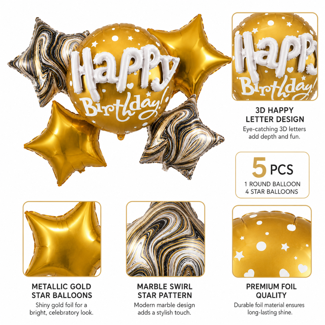 Happy Birthday 3D Golden Balloon Bouquet Set – 5 Pcs | Premium Gold Star Foil Balloons for Birthday Party Decoration