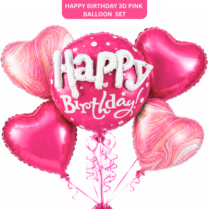 Happy Birthday 3D Pink Balloon Bouquet Set – 5 Pcs | Pink Heart Foil Balloons for Birthday Party Decoration