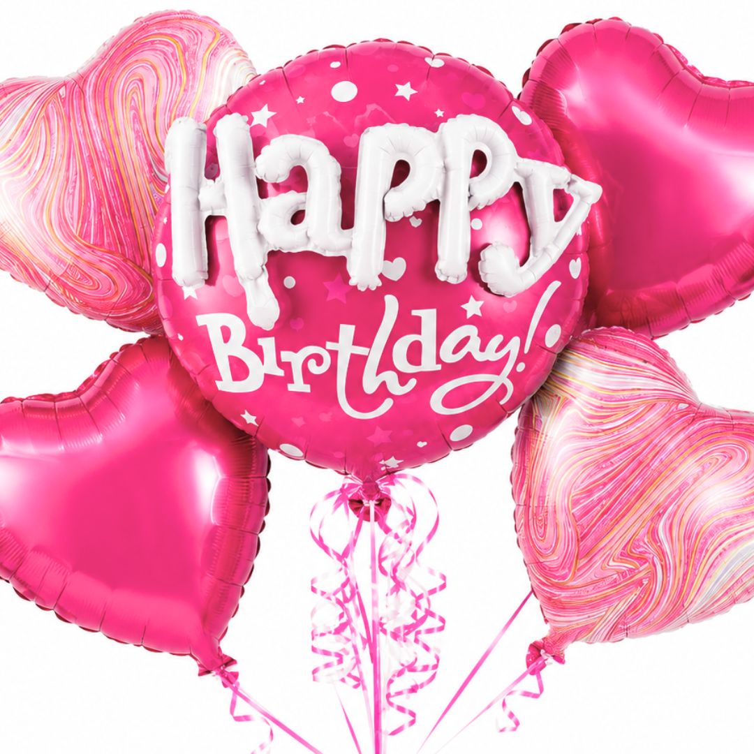 Happy Birthday 3D Pink Balloon Bouquet Set – 5 Pcs | Pink Heart Foil Balloons for Birthday Party Decoration