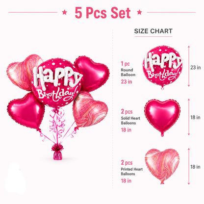 Happy Birthday 3D Pink Balloon Bouquet Set – 5 Pcs | Pink Heart Foil Balloons for Birthday Party Decoration