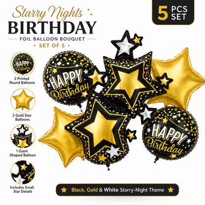 Starry Nights Birthday Foil Balloon Bouquet Set of 5 | Black & Gold Theme Helium Supported Balloons for Birthday Party Decoration, Cake Table Setup & Celebration Backdrop