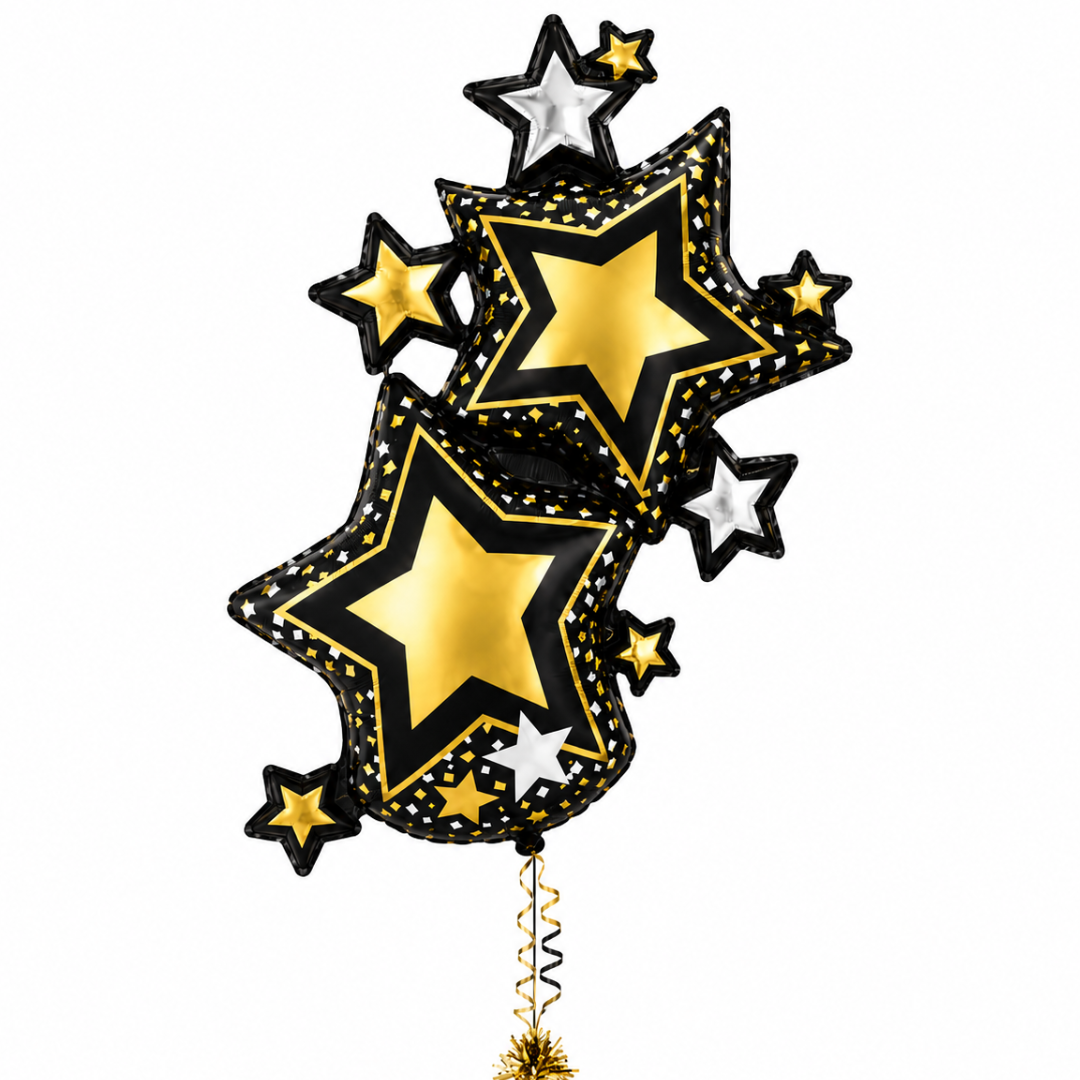 Starry Nights Birthday Foil Balloon Bouquet Set of 5 | Black & Gold Theme Helium Supported Balloons for Birthday Party Decoration, Cake Table Setup & Celebration Backdrop