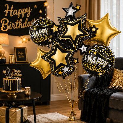 Starry Nights Birthday Foil Balloon Bouquet Set of 5 | Black & Gold Theme Helium Supported Balloons for Birthday Party Decoration, Cake Table Setup & Celebration Backdrop