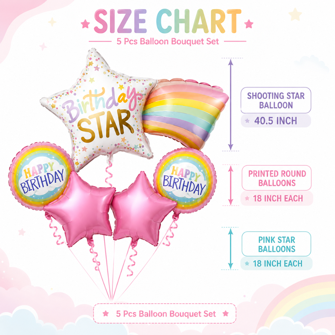 Shooting Star Birthday Balloon Bouquet Set – 5 Pcs | Cute Rainbow & Pink Star Foil Balloons for Kids Birthday Party Decoration