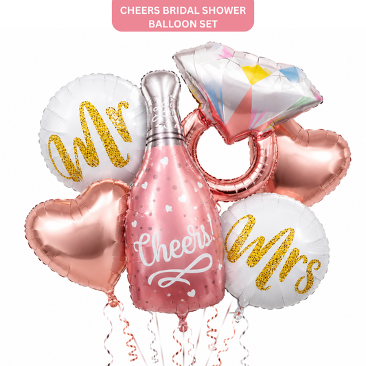 Cheers Pink Champagne Bridal Shower Balloon Bouquet Set – 6 Pcs | Bride-to-Be, Mr & Mrs Foil Balloons for Bridal Shower, Bachelorette & Wedding Party Decoration