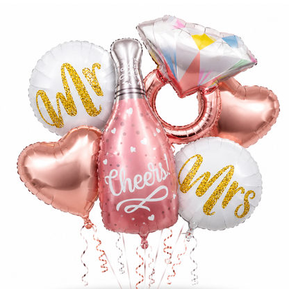 Cheers Pink Champagne Bridal Shower Balloon Bouquet Set – 6 Pcs | Bride-to-Be, Mr & Mrs Foil Balloons for Bridal Shower, Bachelorette & Wedding Party Decoration