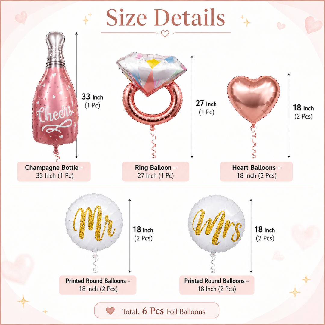 Cheers Pink Champagne Bridal Shower Balloon Bouquet Set – 6 Pcs | Bride-to-Be, Mr & Mrs Foil Balloons for Bridal Shower, Bachelorette & Wedding Party Decoration