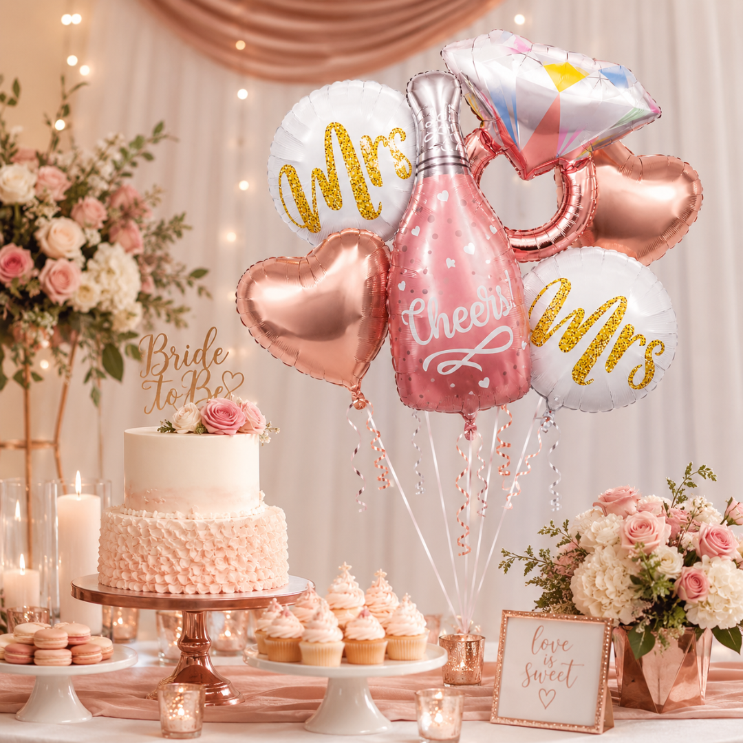 Cheers Pink Champagne Bridal Shower Balloon Bouquet Set – 6 Pcs | Bride-to-Be, Mr & Mrs Foil Balloons for Bridal Shower, Bachelorette & Wedding Party Decoration