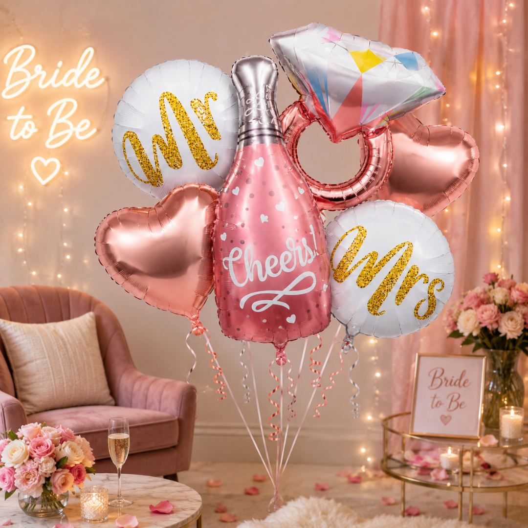 Cheers Pink Champagne Bridal Shower Balloon Bouquet Set – 6 Pcs | Bride-to-Be, Mr & Mrs Foil Balloons for Bridal Shower, Bachelorette & Wedding Party Decoration