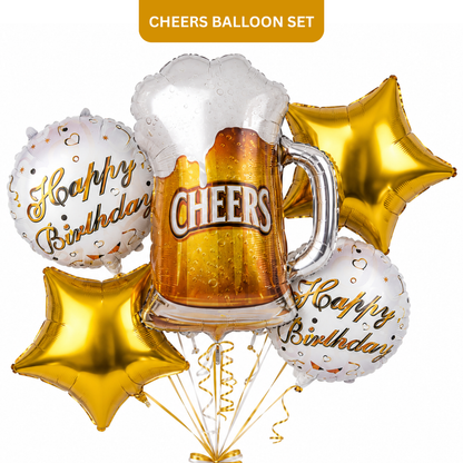 Cheers on Beers Birthday Balloon Bouquet Set – 5 Pcs | Fun Beer Mug & Gold Star Foil Balloons for Adult Birthday Party Decoration