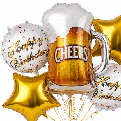 Cheers on Beers Birthday Balloon Bouquet Set – 5 Pcs | Fun Beer Mug & Gold Star Foil Balloons for Adult Birthday Party Decoration
