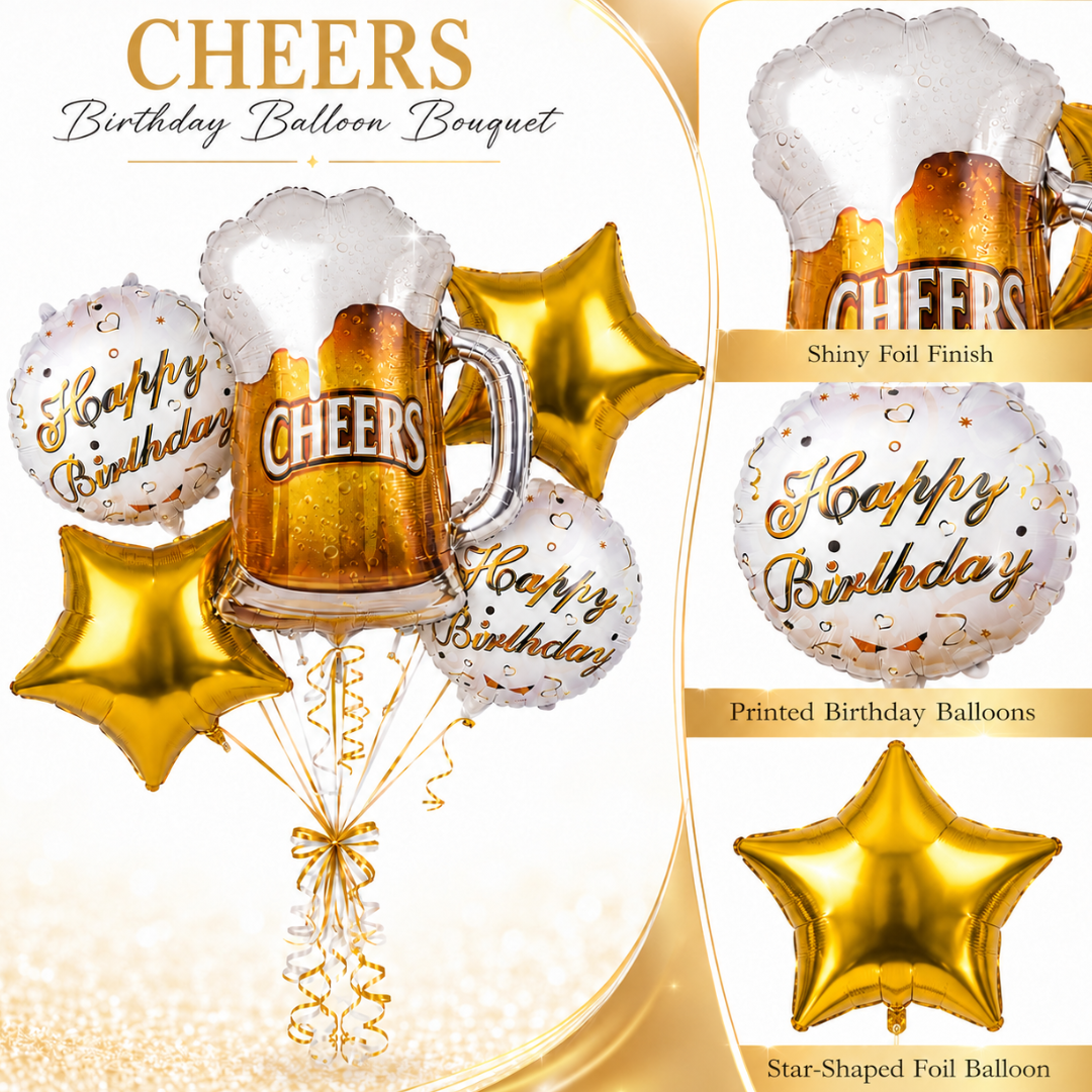 Cheers on Beers Birthday Balloon Bouquet Set – 5 Pcs | Fun Beer Mug & Gold Star Foil Balloons for Adult Birthday Party Decoration