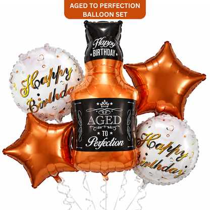 Aged To Perfection Birthday Balloon Bouquet Set – 5 Pcs | Fun Bottle Shaped Foil Balloons for Adult Birthday Party Decoration & Photo Backdrop