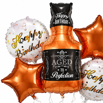 Aged To Perfection Birthday Balloon Bouquet Set – 5 Pcs | Fun Bottle Shaped Foil Balloons for Adult Birthday Party Decoration & Photo Backdrop