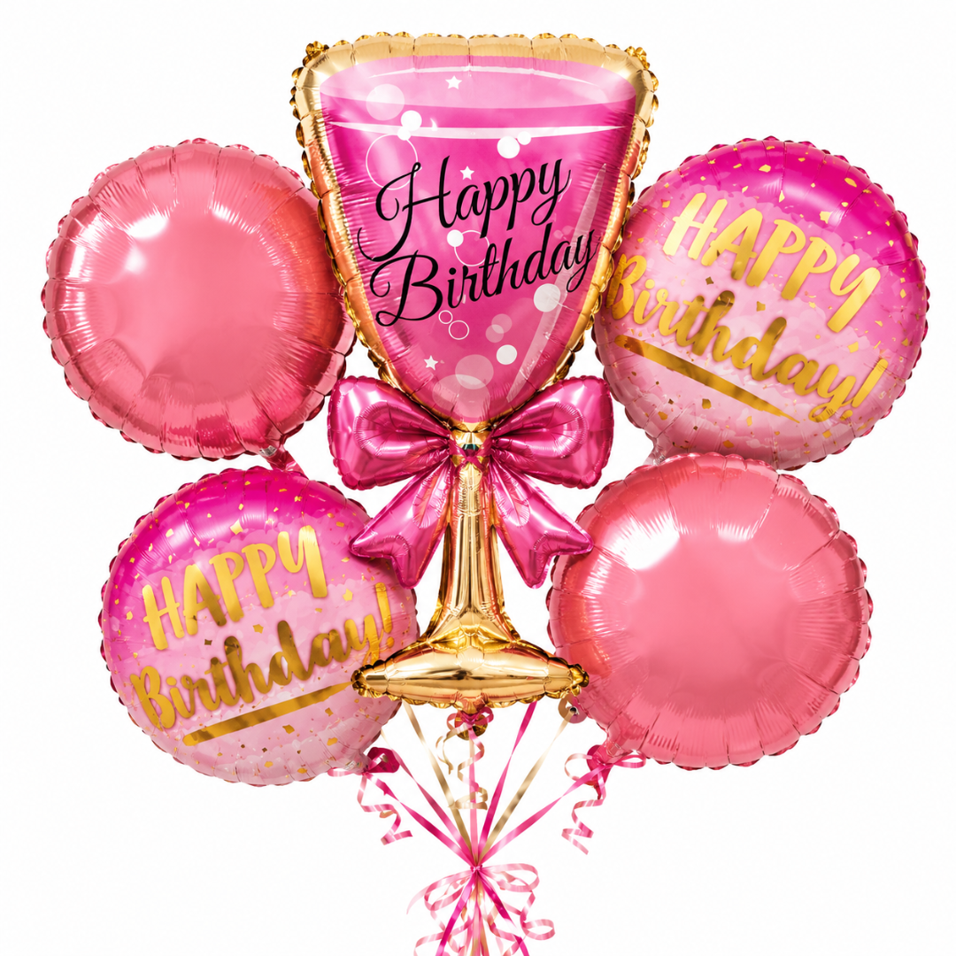 Pink Champagne Glass Birthday Balloon Bouquet Set – 5 Pcs | Fun Pink Foil Balloons for Birthday Party Decoration, Celebration Decor & Photo Backdrop