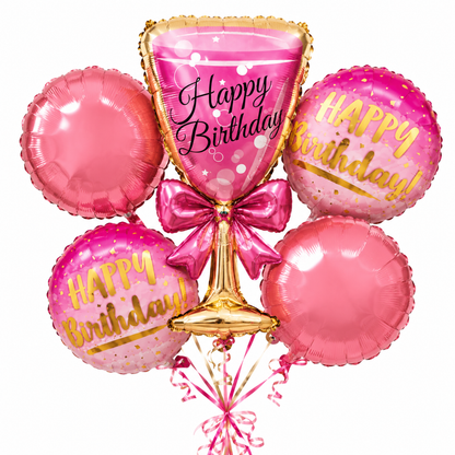 Pink Champagne Glass Birthday Balloon Bouquet Set – 5 Pcs | Fun Pink Foil Balloons for Birthday Party Decoration, Celebration Decor & Photo Backdrop
