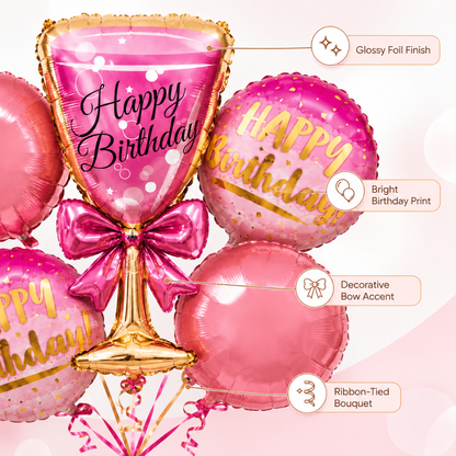 Pink Champagne Glass Birthday Balloon Bouquet Set – 5 Pcs | Fun Pink Foil Balloons for Birthday Party Decoration, Celebration Decor & Photo Backdrop