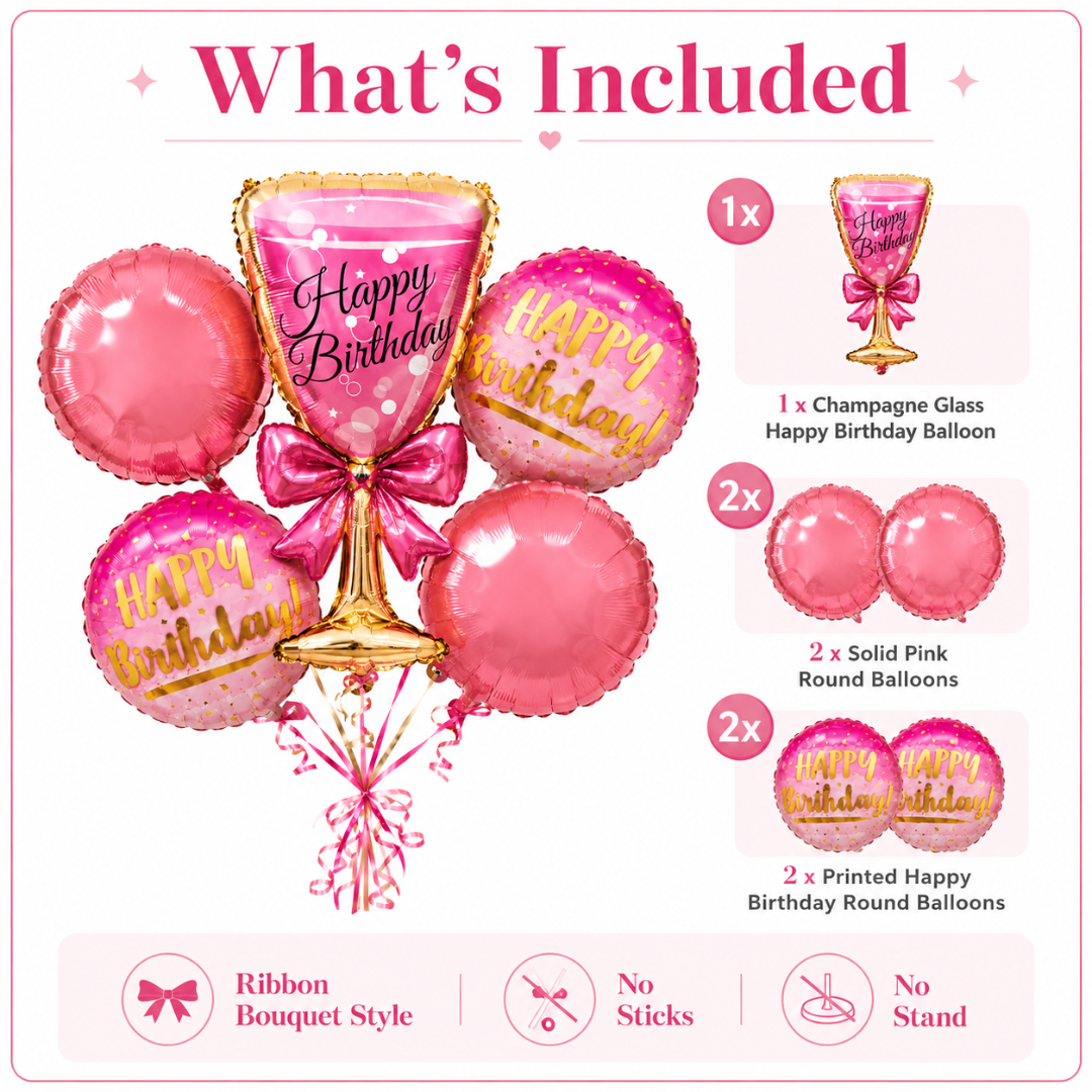 Pink Champagne Glass Birthday Balloon Bouquet Set – 5 Pcs | Fun Pink Foil Balloons for Birthday Party Decoration, Celebration Decor & Photo Backdrop