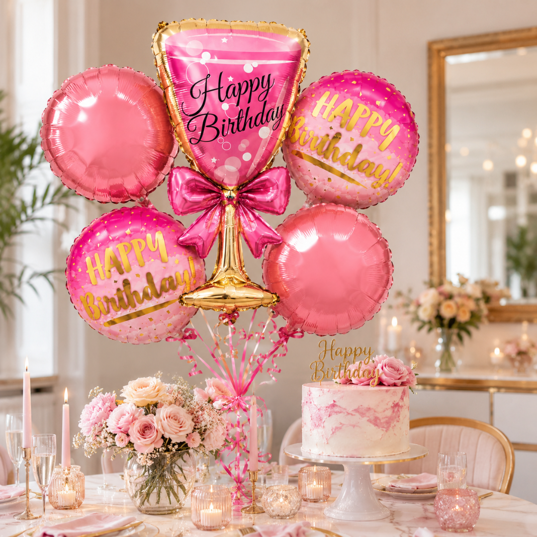 Pink Champagne Glass Birthday Balloon Bouquet Set – 5 Pcs | Fun Pink Foil Balloons for Birthday Party Decoration, Celebration Decor & Photo Backdrop