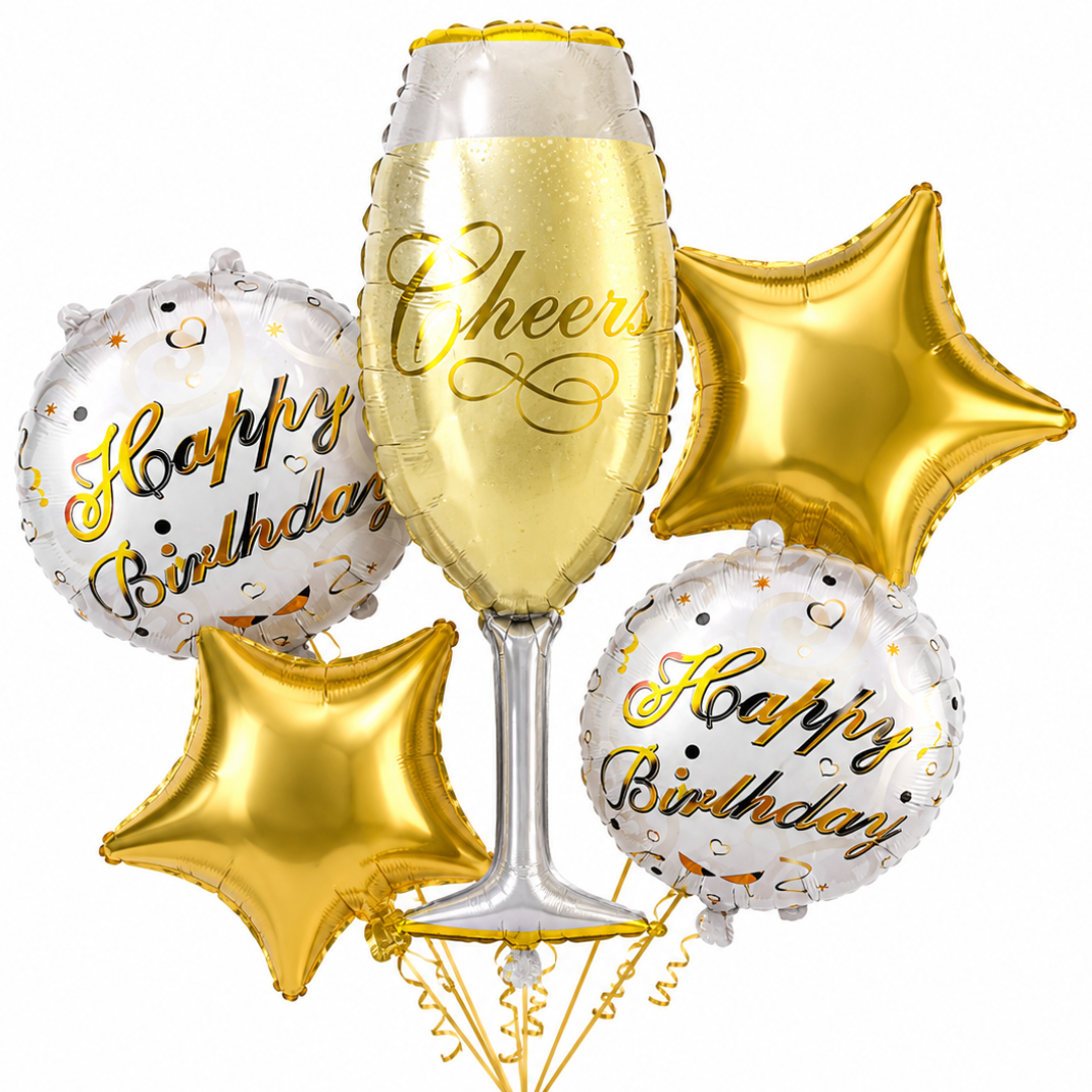 Golden Champagne Glass Birthday Balloon Bouquet Set – 5 Pcs | Premium Gold Star & Cheers Foil Balloons for Birthday Party Decoration & Photo Backdrop