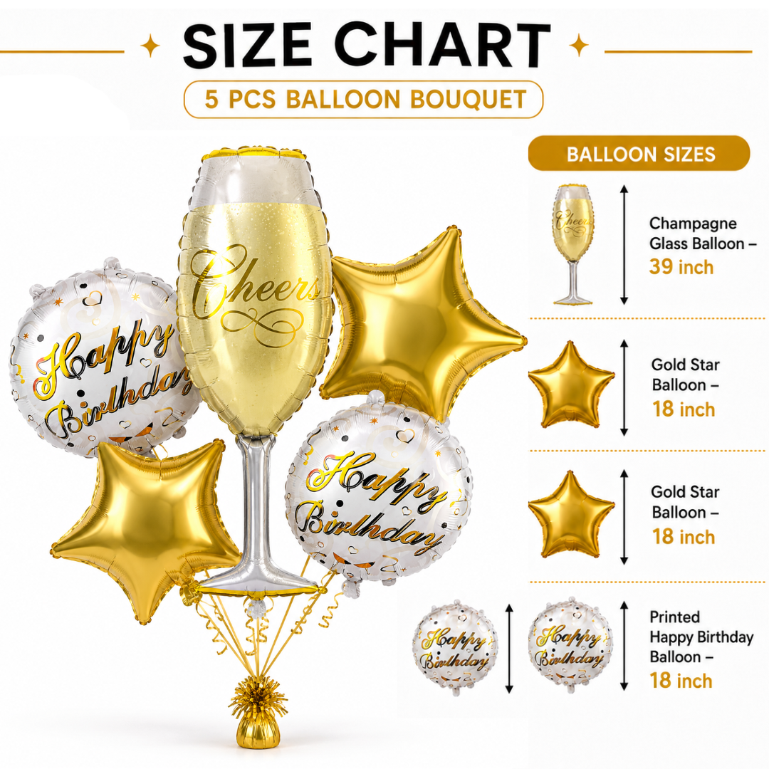 Golden Champagne Glass Birthday Balloon Bouquet Set – 5 Pcs | Premium Gold Star & Cheers Foil Balloons for Birthday Party Decoration & Photo Backdrop