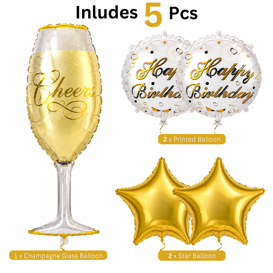 Golden Champagne Glass Birthday Balloon Bouquet Set – 5 Pcs | Premium Gold Star & Cheers Foil Balloons for Birthday Party Decoration & Photo Backdrop