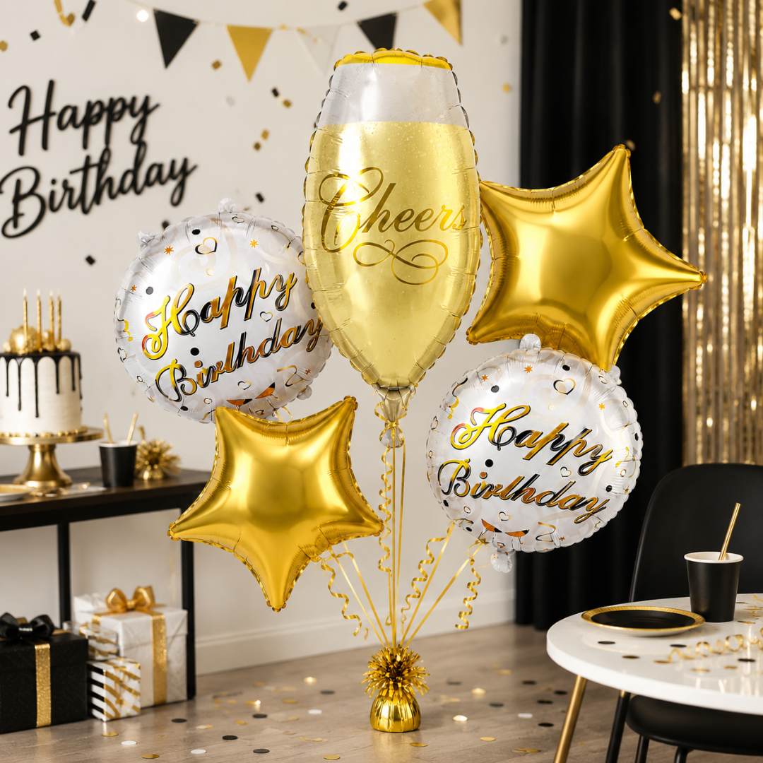 Golden Champagne Glass Birthday Balloon Bouquet Set – 5 Pcs | Premium Gold Star & Cheers Foil Balloons for Birthday Party Decoration & Photo Backdrop