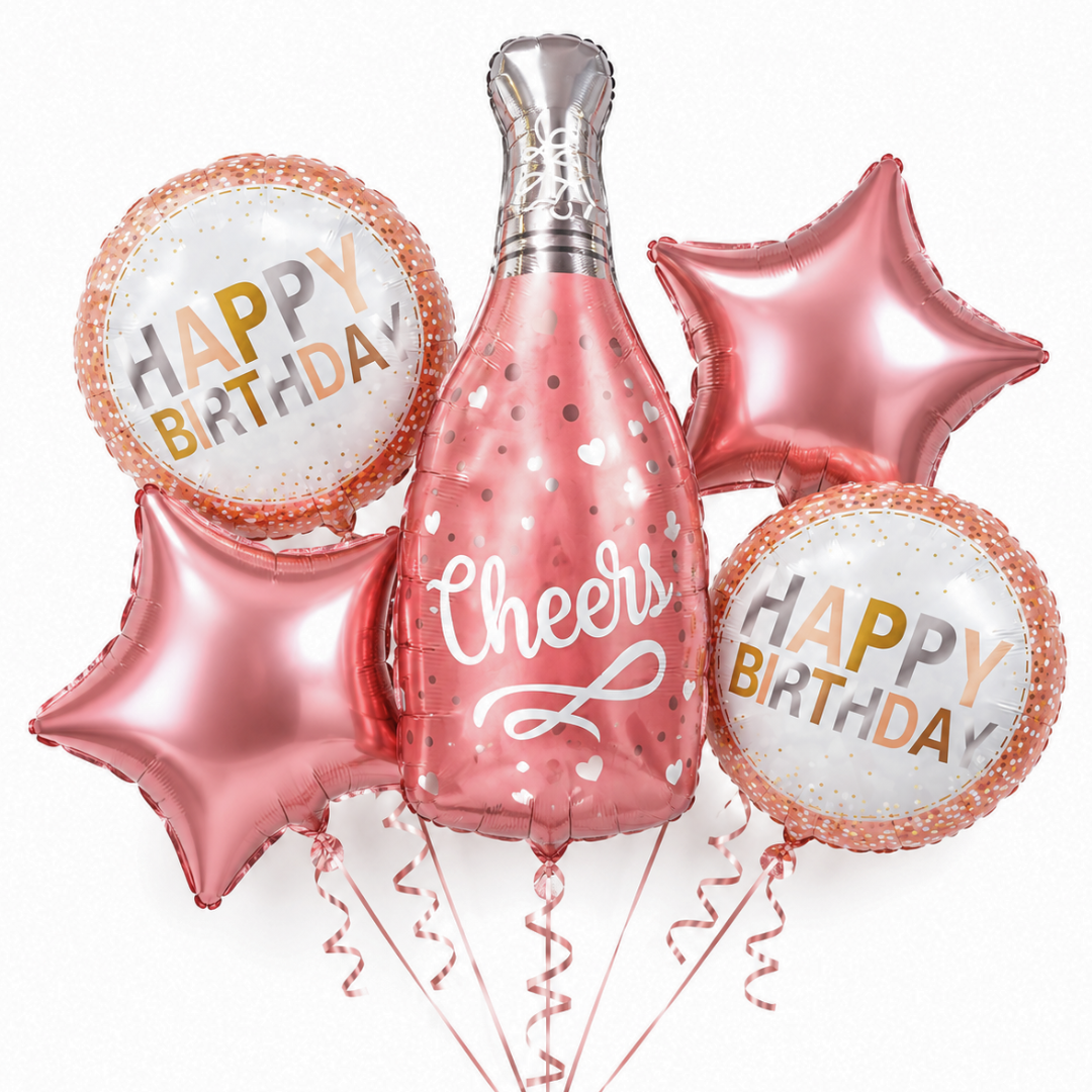 Pink Champagne Bottle Birthday Balloon Bouquet Set – 5 Pcs | Pretty Pink Star & Cheers Foil Balloons for Birthday Party Decoration & Photo Backdrop