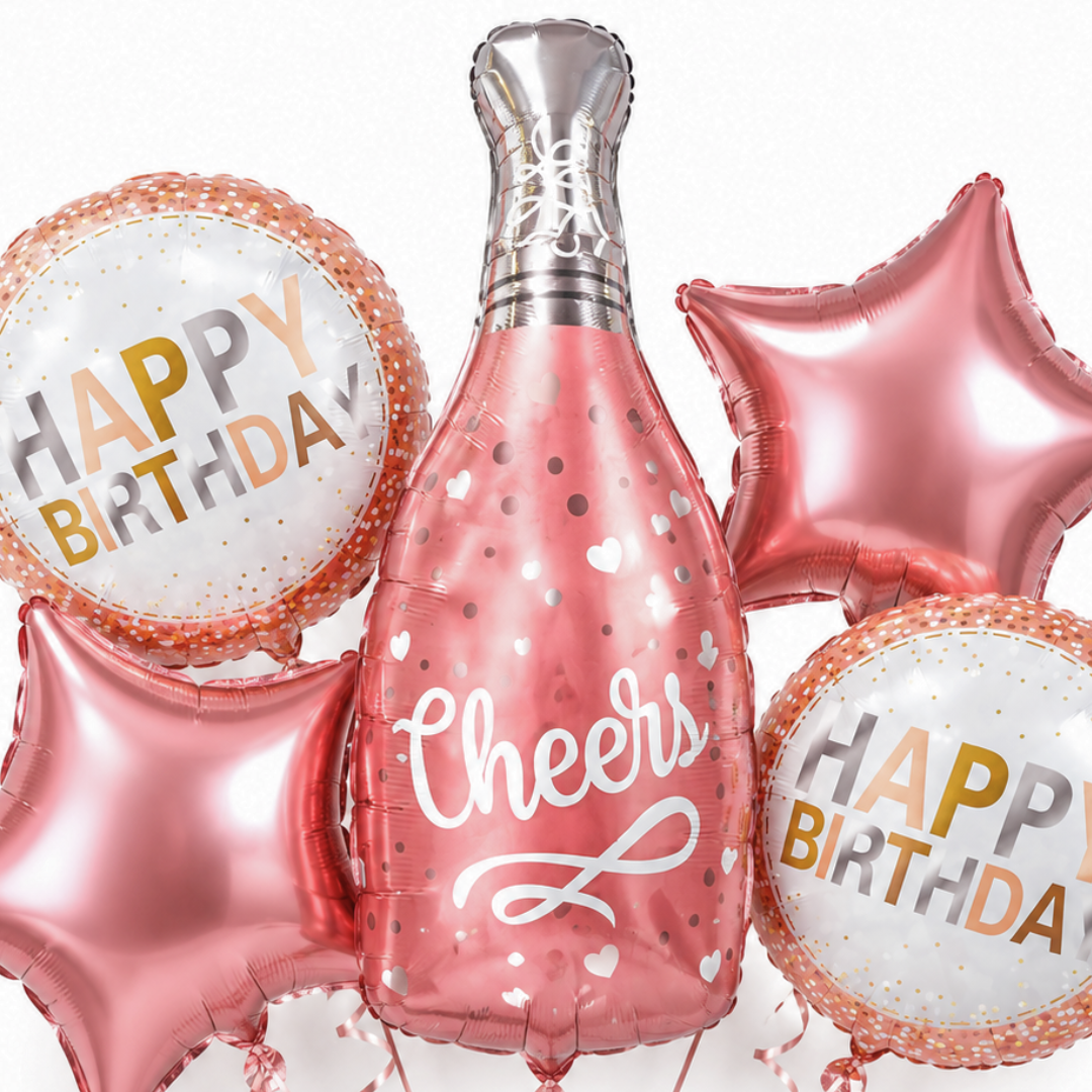 Pink Champagne Bottle Birthday Balloon Bouquet Set – 5 Pcs | Pretty Pink Star & Cheers Foil Balloons for Birthday Party Decoration & Photo Backdrop