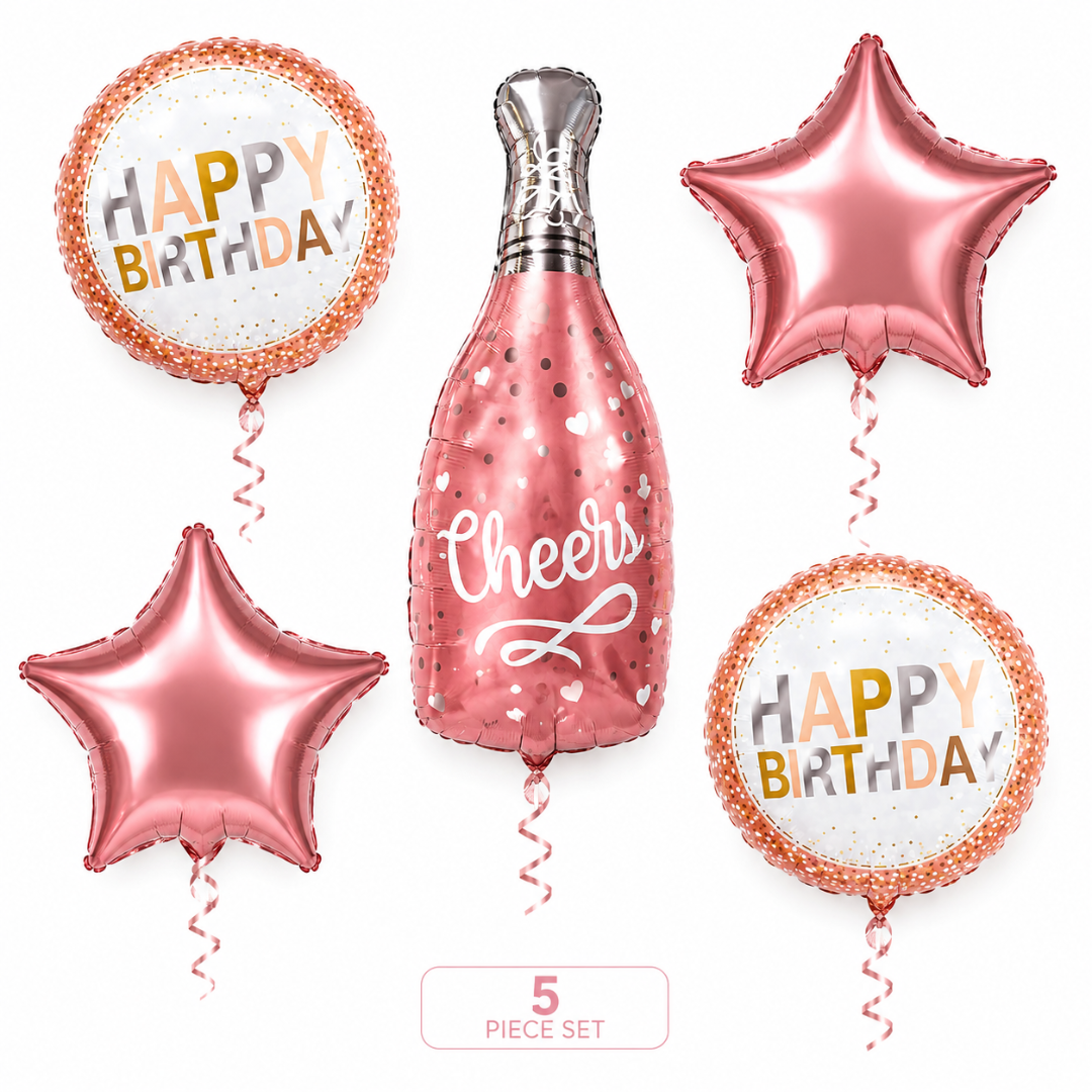 Pink Champagne Bottle Birthday Balloon Bouquet Set – 5 Pcs | Pretty Pink Star & Cheers Foil Balloons for Birthday Party Decoration & Photo Backdrop