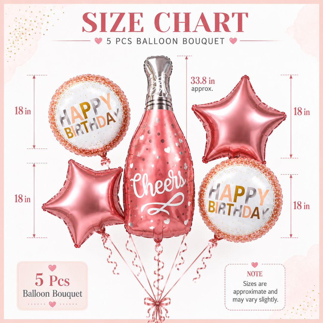 Pink Champagne Bottle Birthday Balloon Bouquet Set – 5 Pcs | Pretty Pink Star & Cheers Foil Balloons for Birthday Party Decoration & Photo Backdrop