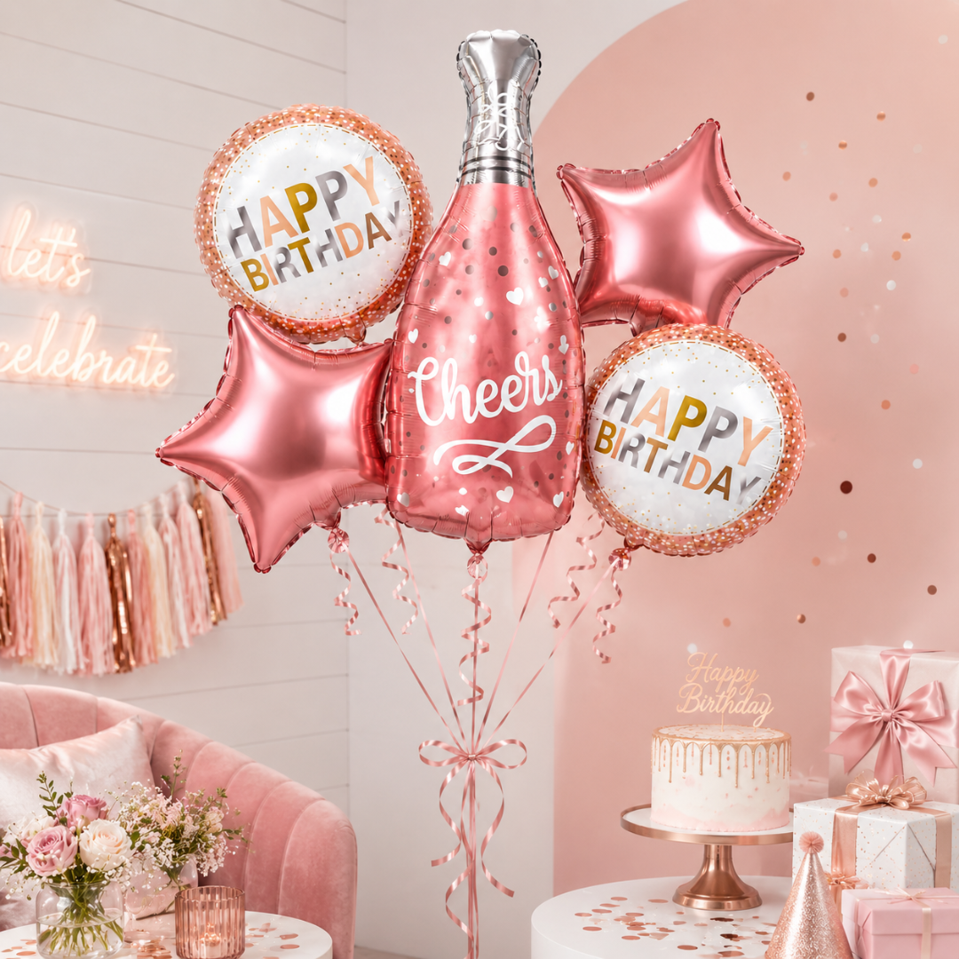 Pink Champagne Bottle Birthday Balloon Bouquet Set – 5 Pcs | Pretty Pink Star & Cheers Foil Balloons for Birthday Party Decoration & Photo Backdrop