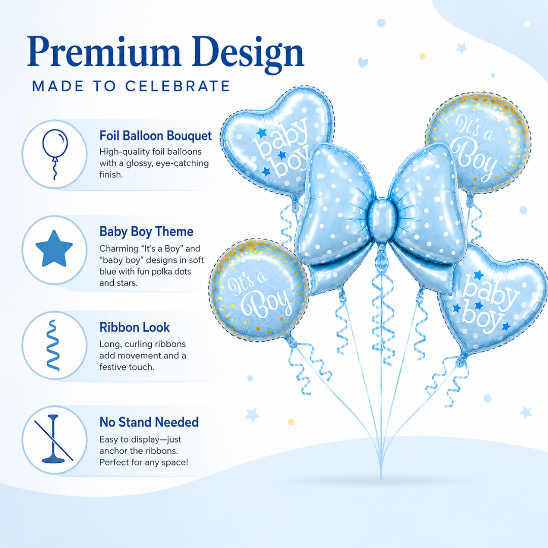 Blue Bow It’s a Boy Balloon Bouquet Set – 5 Pcs | Cute Blue Foil Balloons for Baby Shower, Welcome Baby Boy & Newborn Room Decoration