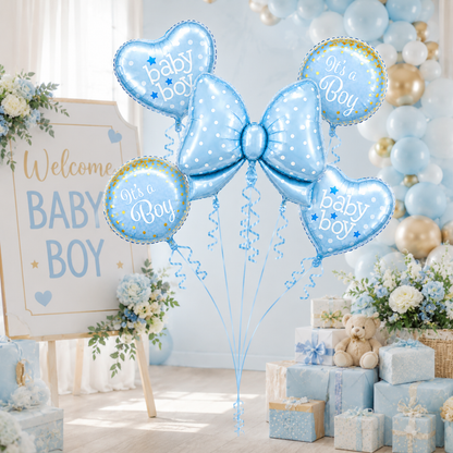Blue Bow It’s a Boy Balloon Bouquet Set – 5 Pcs | Cute Blue Foil Balloons for Baby Shower, Welcome Baby Boy & Newborn Room Decoration