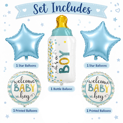 Baby Bottle It’s a Boy Balloon Bouquet Set – 5 Pcs | Cute Blue Foil Balloons for Baby Shower, Welcome Baby Boy & Newborn Room Decoration