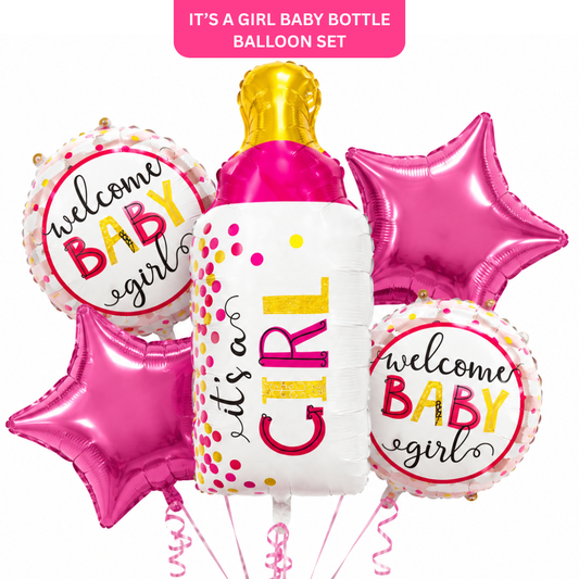 Baby Bottle It’s a Girl Balloon Bouquet Set – 5 Pcs | Cute Pink Baby Bottle, Star & Round Foil Balloons for Baby Shower, Welcome Baby Girl & Newborn Room Decoration