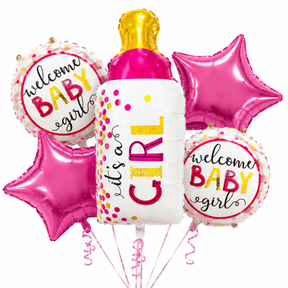 Baby Bottle It’s a Girl Balloon Bouquet Set – 5 Pcs | Cute Pink Baby Bottle, Star & Round Foil Balloons for Baby Shower, Welcome Baby Girl & Newborn Room Decoration