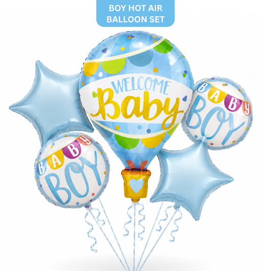 Hot Air Balloon Blue Welcome Baby Balloon Bouquet Set – 5 Pcs | Cute Blue Foil Balloons for Baby Shower, Welcome Baby Boy & Newborn Room Decoration