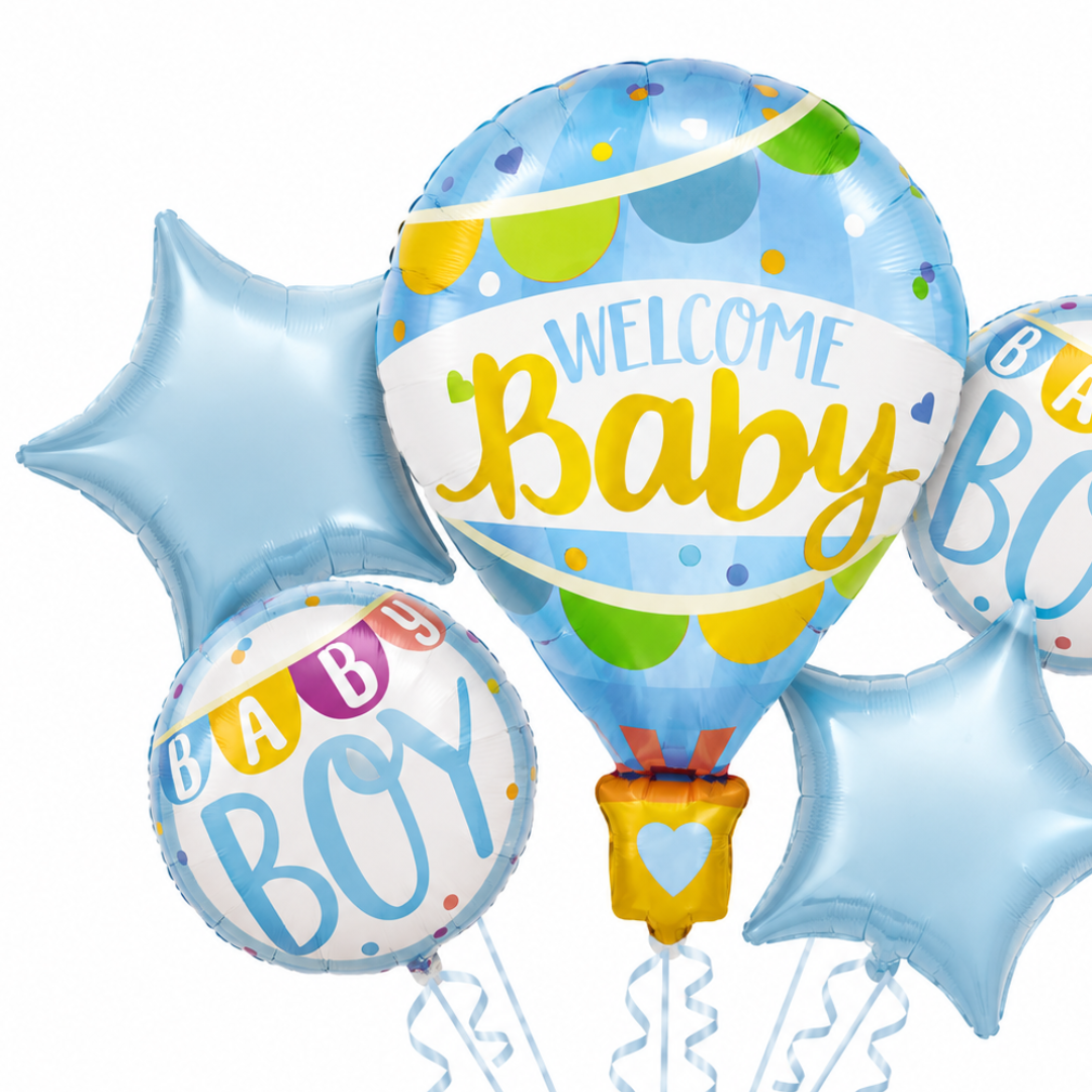 Hot Air Balloon Blue Welcome Baby Balloon Bouquet Set – 5 Pcs | Cute Blue Foil Balloons for Baby Shower, Welcome Baby Boy & Newborn Room Decoration