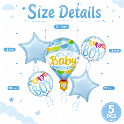 Hot Air Balloon Blue Welcome Baby Balloon Bouquet Set – 5 Pcs | Cute Blue Foil Balloons for Baby Shower, Welcome Baby Boy & Newborn Room Decoration