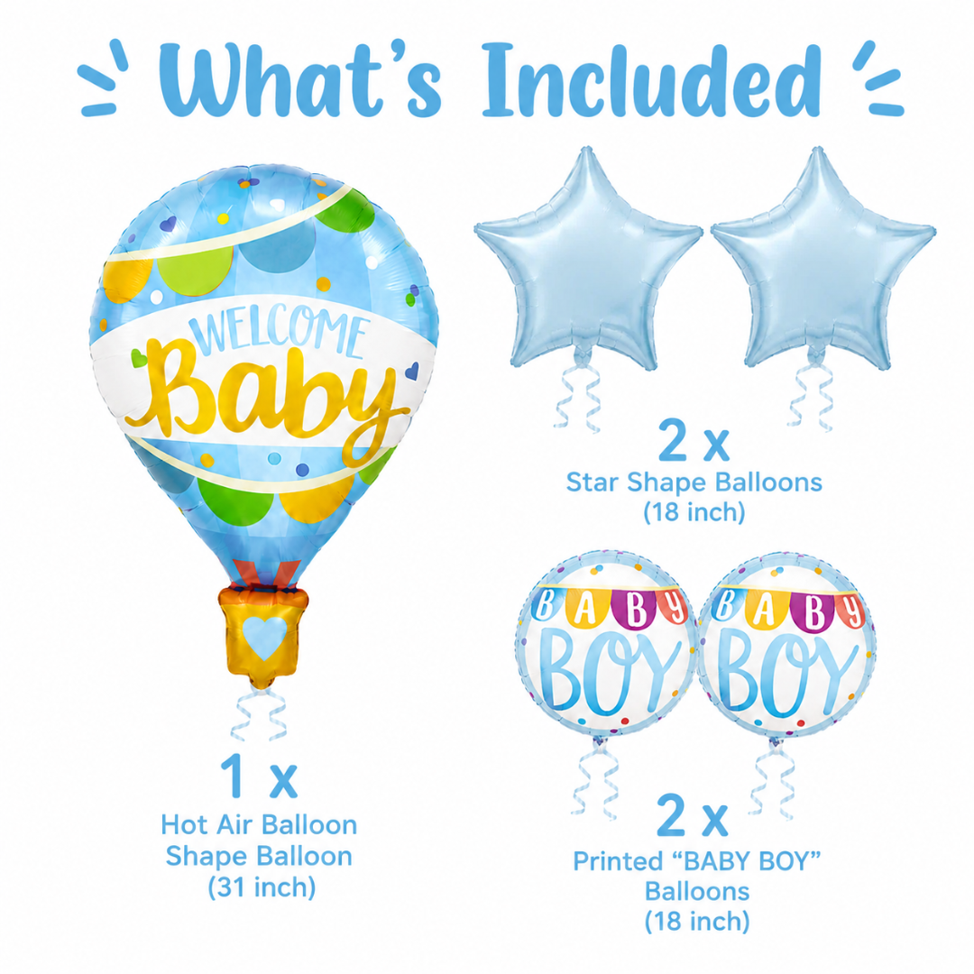 Hot Air Balloon Blue Welcome Baby Balloon Bouquet Set – 5 Pcs | Cute Blue Foil Balloons for Baby Shower, Welcome Baby Boy & Newborn Room Decoration